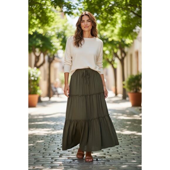 Floerns Army Green Tiered Flowy Midi Pull on Skirt Womens XL - Picture 1 of 8